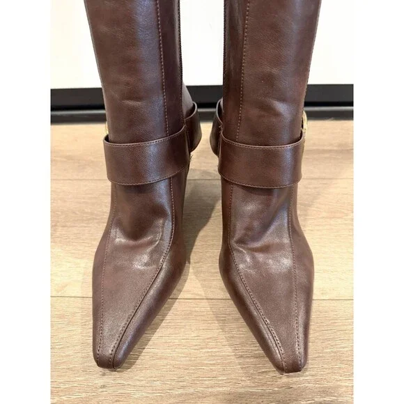 Zara Burgundy High-Heel Buckle Boots Pointed Toe Size US 9 EUR 40 Preowned - Picture 6 of 16